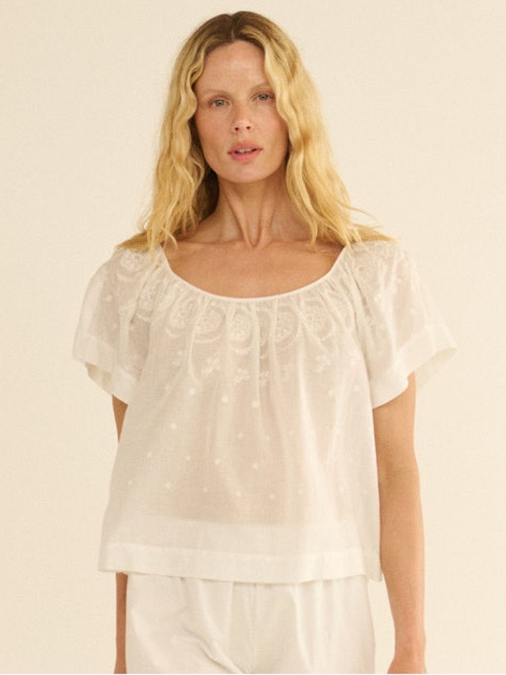 Doen Provence Cotton Embroidered Scoop Neck Blouse Top Salt White